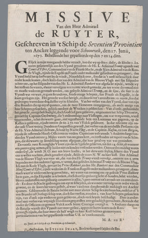 Missive van den Heer Admirael de Ruyter of 17 June 1673, Michiel Adriaansz. de Ruyter, 1673 Canvas Print