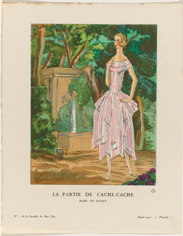 Gazette du Bon Ton, 1921 - No. 1, Pl. 1: La partie de cache-cache / Robe en ruban, Mario Simon, 1921 Canvas Print