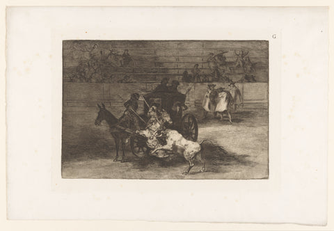 Men attack a bull from a carriage, Francisco de Goya, 1876 Canvas Print