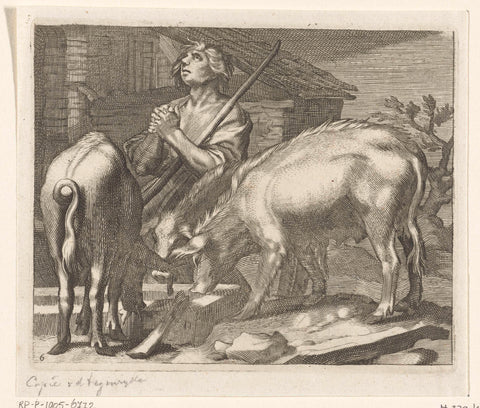 Prodigal son as pig herder with pigs by trough, Boëtius Adamsz. Bolswert, 1611 - 1661 Canvas Print