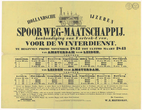 Hollandsche IJzeren Spoorweg-Maatschappij. Announcement of Departure Hours, for the winter service. Starting from November 1842 to the end of March 1843 from Amsterdam to Leiden, Metzler & Basting, 1842 Canvas Print