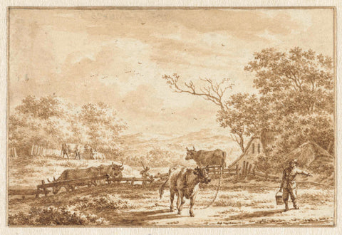 Landscape with cattle and farmer with bucket, Jacob Cats (1741-1799), 1778 Canvas Print