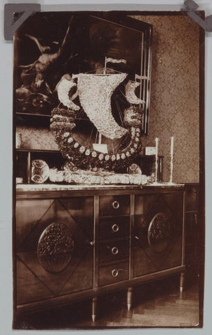 Flower arrangement in the shape of a boat on the dresser of a room in the villa in 1931, 1931 Canvas Print