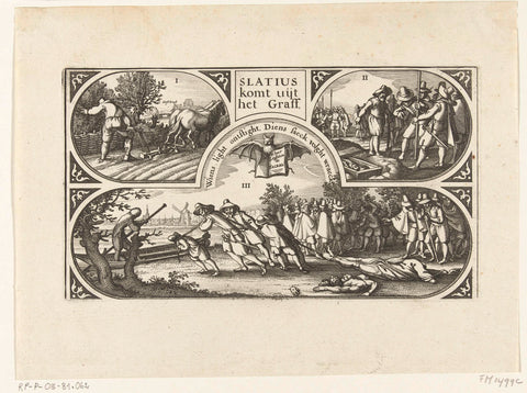 Discovering and towing the body parts of Slatius, Coorenwinder and Gerrits, 1623, Claes Jansz. Visscher (II), 1623 Canvas Print