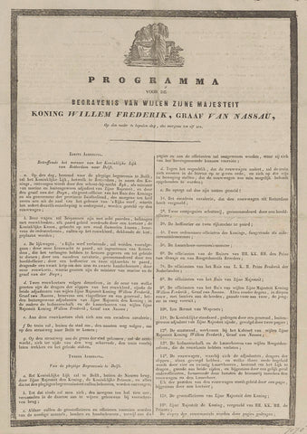 Program for the Burial of the late Majesty King Willem Frederik, Count of Nassau, P.E. van Staden, 1843 Canvas Print