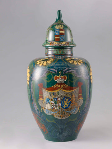 Vase with lid with alliance coat of arms and the interior of the Dutch Reformed Church in Wassenaar, N.V. Haagsche Plateelfabriek Rozenburg, 1896 Canvas Print