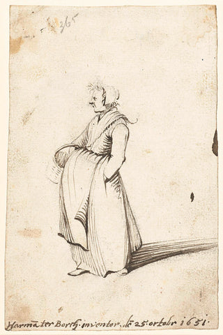 Woman in an apron and a basket, to the left, Harmen ter Borch, 1651 Canvas Print