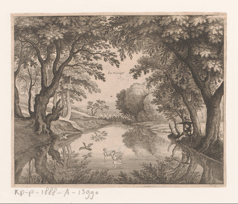 River landscape with swan hunt at Huningue, Matthäus Merian (I), 1625 Canvas Print