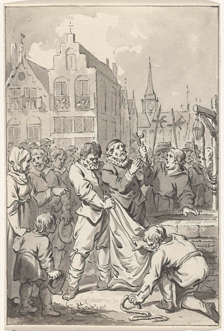 Preacher Johannes Florianus in Brussels as a heretic in a bag bound and thrown into a well, 1585, Jacobus Buys, 1781 - 1783 Canvas Print