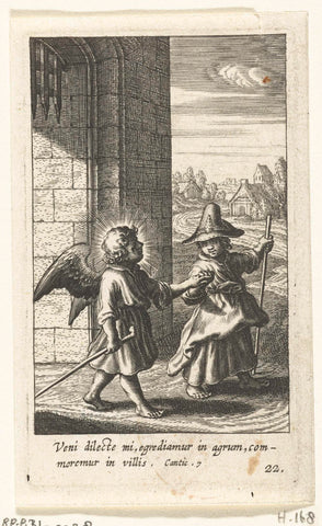 Engel takes child dressed as a pilgrim by the hand, Boetius Adamsz. Bolswert, 1624 Canvas Print