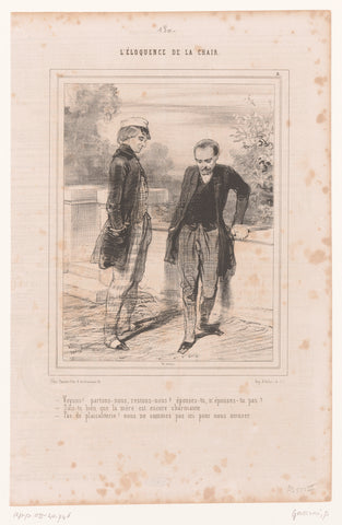 Two men by a balustrade on a terrace, Paul Gavarni, 1843 Canvas Print