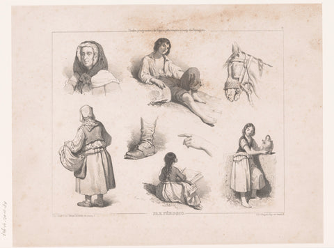 Eight studies of figures and details, Fortuné Férogio, 1839 - 1845 Canvas Print