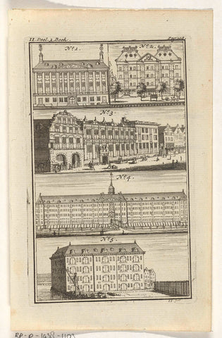 Five different buildings in Amsterdam, Jacob Folkema, 1723 Canvas Print