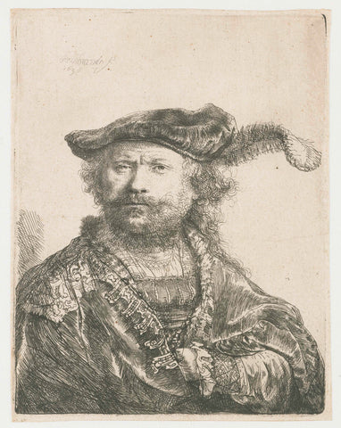 Self-portrait in a Velvet Cap with Plume, Rembrandt van Rijn, 1638 Canvas Print