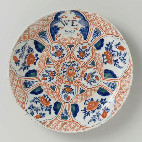 Plate, painted with a compilation of Chinese motifs, the initials WE and the year 1709, De Metaale Pot, 1709 Canvas Print