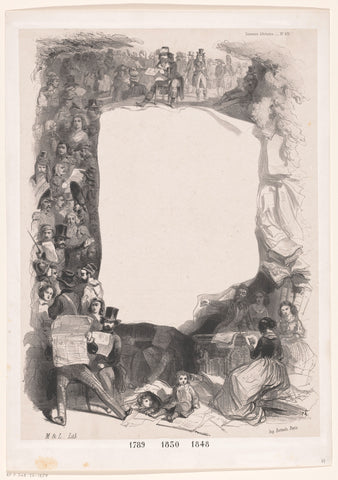 Frame with reading people and soldiers, M & L, 1848 - 1880 Canvas Print