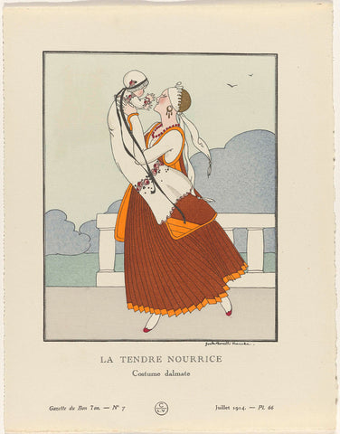 Gazette du Bon Ton, 1914 - No. 7, Pl. 66: La tendre nourrice / Costume dalmate, Zoede Borelli-Vranska, 1914 Canvas Print