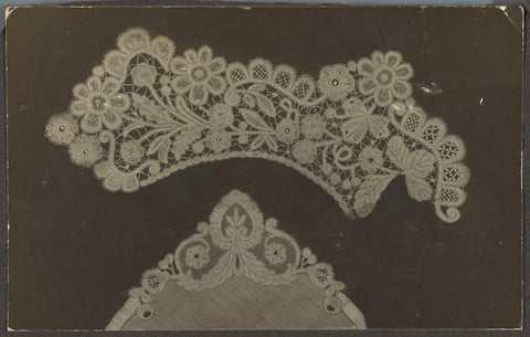 Photo of a handkerchief corner of lace and a fragment (collar?) with flower and leaf motifs, anonymous, c. 1900 - c. 1924 Canvas Print