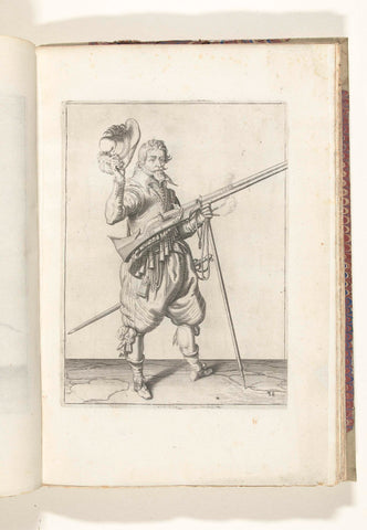 Soldaat op wacht die zijn musket met zijn linkerhand bij zijn rechterzijde schuin omhoog gericht vasthoudt, terwijl hij met zijn rechterhand zijn hoed afneemt (nr. 38), ca. 1600, Jacob de Gheyn (II) (workshop of), 1608 Canvas Print