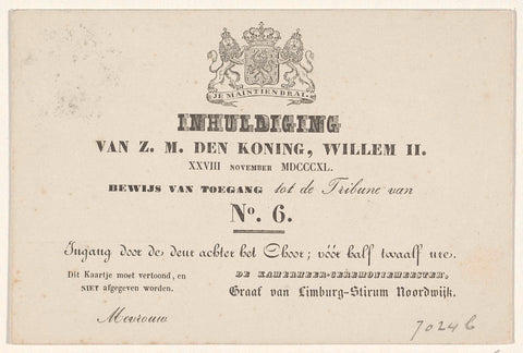 Inauguration of Z.M. den Koning, Willem II. XXVIII November MDCCCXL. Proof of access to the Tribune of No. 6., anonymous, 1840 Canvas Print