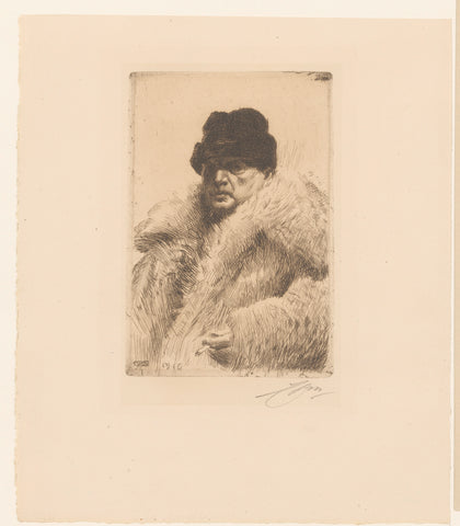 Self-portrait with fur and hat, Anders Leonard Zorn, 1916 Canvas Print