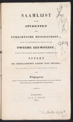 List of names of the students in the historical procession at the second centenary of the Utrecht University of Applied Sciences, 1836, Leonard Eduard Bosch, 1836 Canvas Print