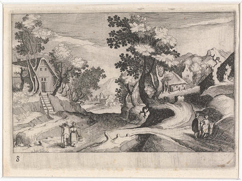 Wooded hilly landscape with buildings and figures, Simon Frisius, 1611 Canvas Print