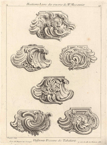 Six designs for snuff boxes, Gabriel Huquier, Juste Aurèle Meissonnier, 1738 - 1749 Canvas Print