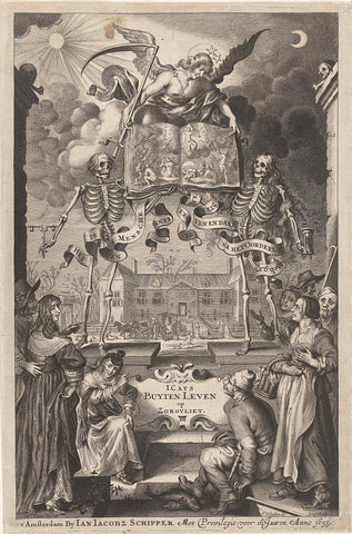 Stadsmensen en boeren kijken naar twee skeletten en engel met boek opengeslagen bij voorstelling van laatste oordeel, Cornelis van Dalen (II), 1655 Canvas Print