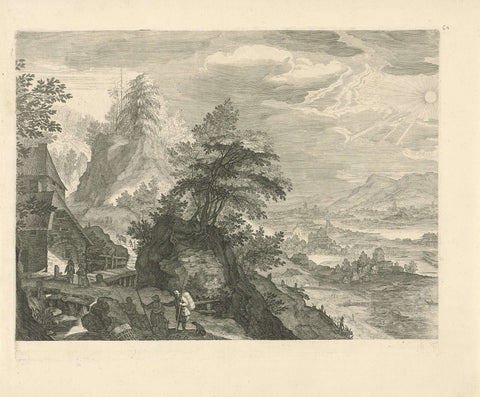 Mountain landscape with resting travelers, Aegidius Sadeler, 1597 - 1629 Canvas Print