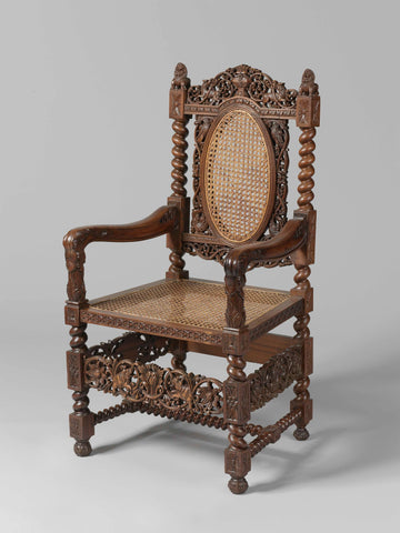 Armchair with rattan seat, decorated with rosettes and twisted parts, an openwork crown on an arched top rail, armrests end in elephant-like heads, anonymous, 1700 - 1725 Canvas Print