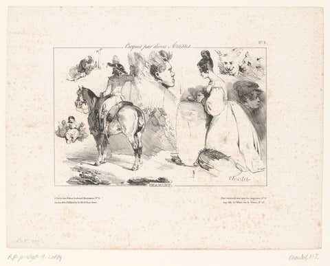 Sketch sheet with various figures and animals, Nicolas Toussaint Charlet, 1830 Canvas Print