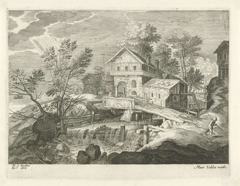 Inn and some houses by a bridge, Aegidius Sadeler, 1624 - c. 1650 Canvas Print