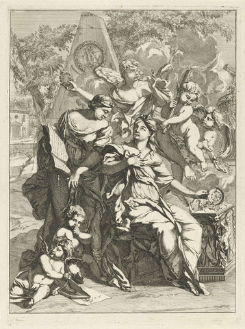 Two allegorical female figures surrounded by angels in front of a memorial, Caspar Luyken, 1691 Canvas Print