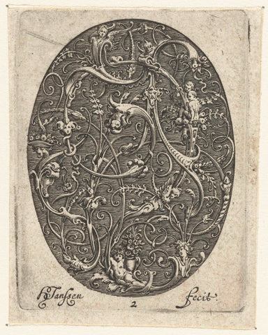 Oval with stylized tendrils in which heads are incorporated, Hans Janssen, c. 1615 - c. 1630 Canvas Print