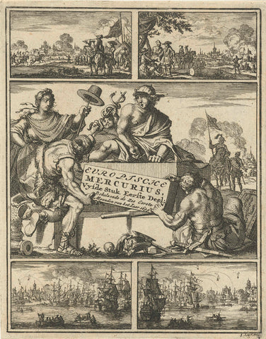 Mercury half lying on a stone against which two warriors confirm an inscription, Jan Luyken, 1694 Canvas Print