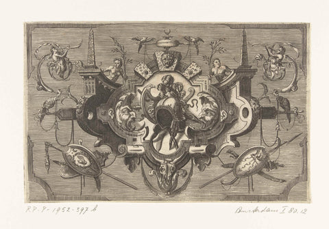 Cartouche with a weapon trophy flanked by two mascarons and profil, Harmen Jansz Muller, 1564 Canvas Print