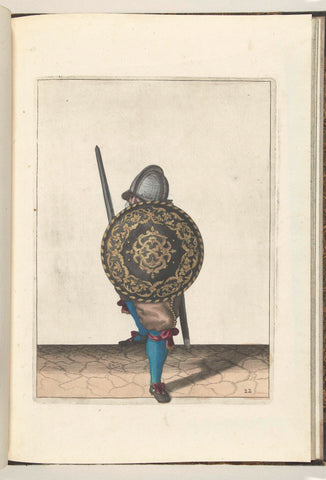 The Shield and Spike Exercise: The Soldier in a Defensive Position with One Foot in Front and His Rapier and Shield on the Knee in Front of the Body, Seen from the Front (no. 22), 1618, Adam van Breen, 1616 - 1618 Canvas Print