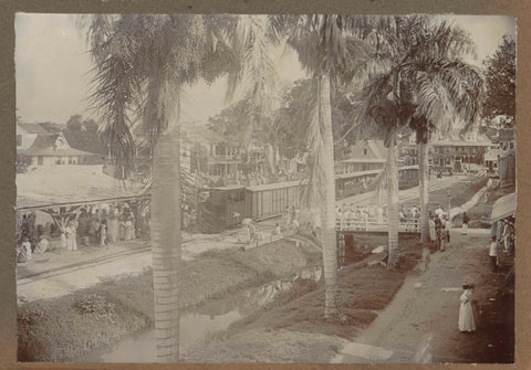 View of the trainset and the public on the Vaillantsplein in Paramaribo at the opening of the Lawa railway (Landsspoorweg) on 28 March 1905, Eugen Klein (possibly), 1905 Canvas Print