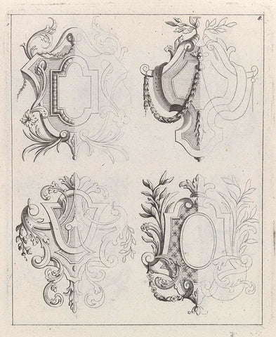 Three cartouches and a decoration, anonymous, 1704 - 1737 Canvas Print