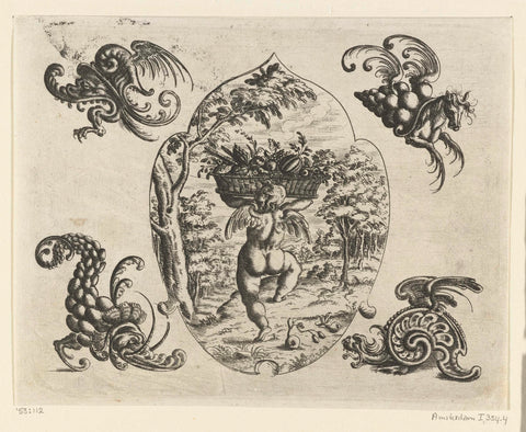 Leaf-shaped ornament with a putto bearing a large basket of fruits, Christoph Jamnitzer, 1573 - 1610 Canvas Print