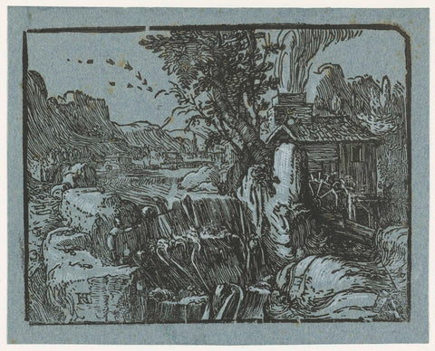 Landscape with waterfall, Hendrick Goltzius, 1597 - 1600 Canvas Print