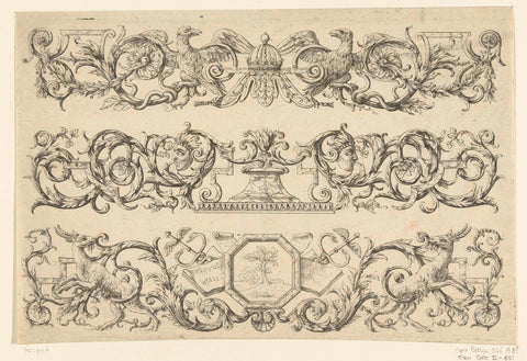 Three friezes of tendrils consisting of leaves, rolling irons and garlands, Paul Androuet Ducerceau, c. 1670 - c. 1693 Canvas Print