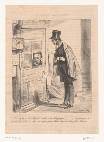 Man with champagne at a doorman at the door, Paul Gavarni, 1838 Canvas Print