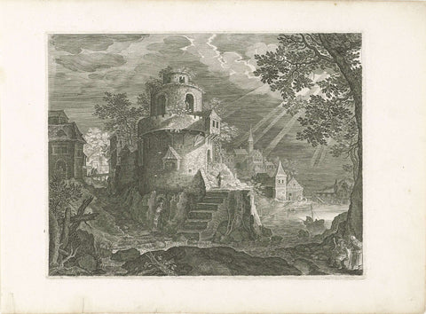 Tower on the outskirts of a village, Aegidius Sadeler (attributed to), 1597 - 1629 Canvas Print