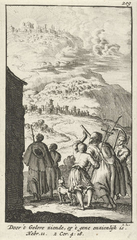 Five pilgrims, looking out for a city on a high mountain, Jan Luyken, 1683 Canvas Print