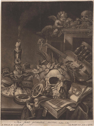 Vanitasstilleven with a skull and a violin, Pieter Schenk (I), 1670 - 1713 Canvas Print