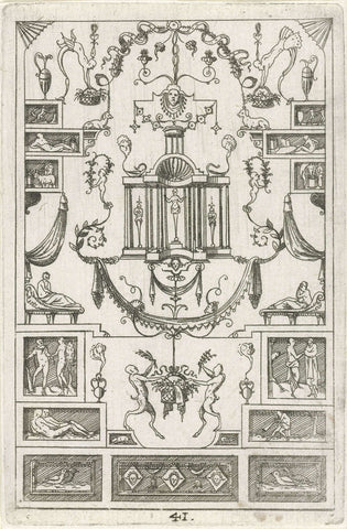 Flat decoration with in the middle two satyrs on either side of a basket, Hans Sibmacher, c. 1525 - 1594 Canvas Print