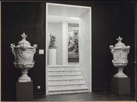 Marble staircase with vases on either side and view of a room with carpet, 1962 Canvas Print