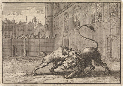 Battle in London between a dog and a young lion, 1664, Jan Luyken, 1698 Canvas Print